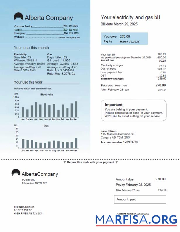 Blank Canada Alberta Company utility bill template in Word and PDF formats